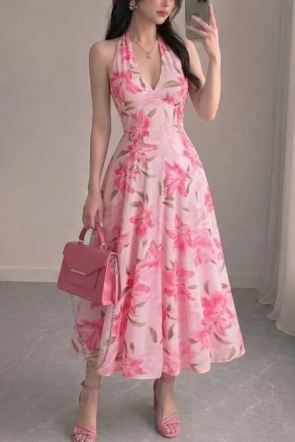 Mesh Pink Elegant Summer Printed Sundress Midi Dress